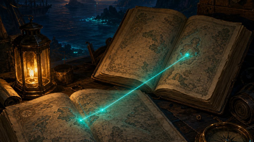 Две раскрытые старые книги на столе навигатора, между ними тонкий бирюзовый луч, лупа и компас